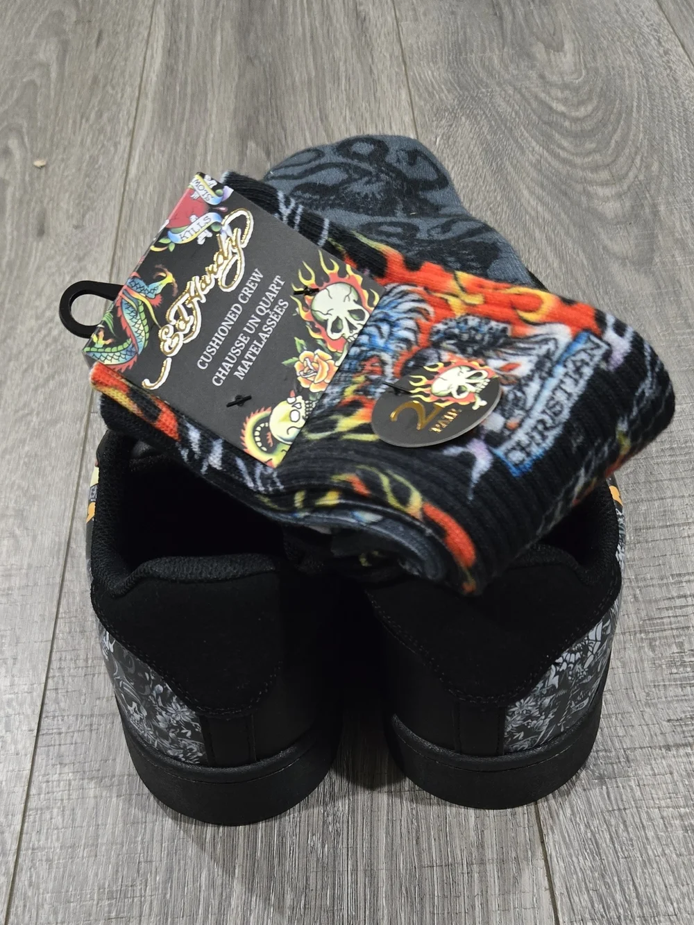Ed Hardy Black Low-Top Sneakers with Multicolor Graphic Panels & Socks Combo#352 - Picture 8 of 10